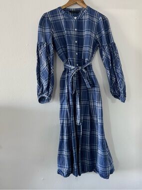 Zara Linen Cotton Blue Plaid Midi Shirt Dress Women's M Belted Cottage Prairie